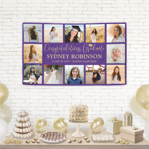 Afstuderen Congrats 12 Fotocollage Paarse & Goud Spandoek