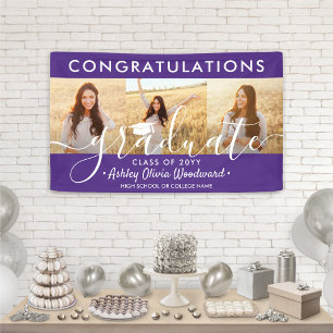 Afstuderen Congrats 3 Fotocollage Paarse & Wit Spandoek