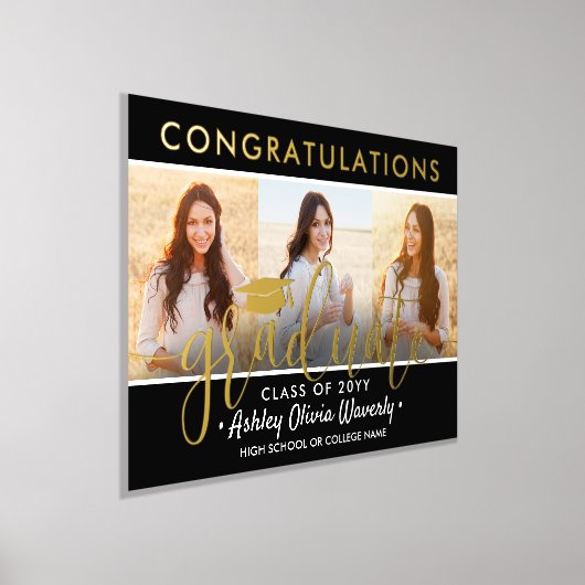 Afstuderen Congrats 3 Fotocollage Zwart en Echt Folie Afdrukken (Laagn)