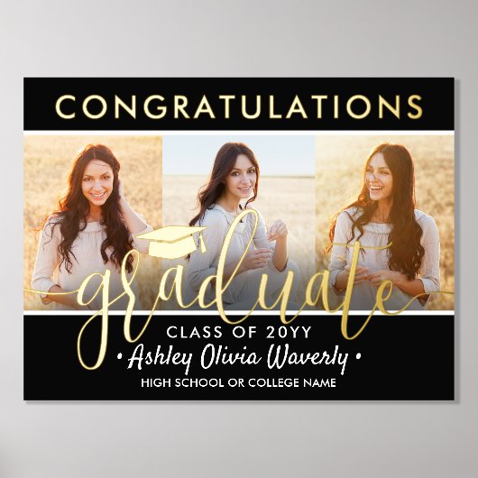 Afstuderen Congrats 3 Fotocollage Zwart en Echt Folie Afdrukken (Voorkant)