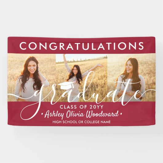 Afstuderen Congrats 3 Photo Collage Rood en Wit Spandoek (Horizontaal)