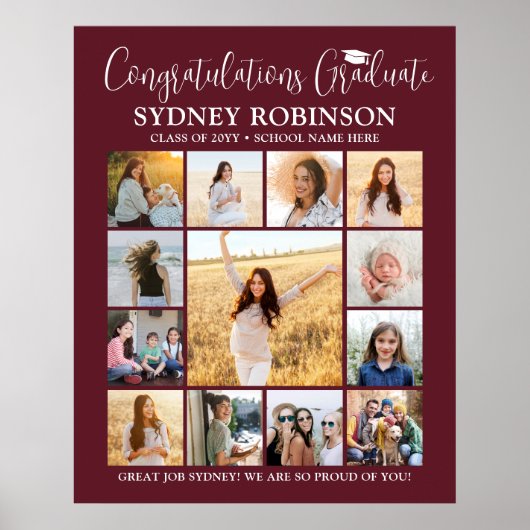 Afstuderen Congrats Foto Collage Maroon en Wit Poster (Voorkant)