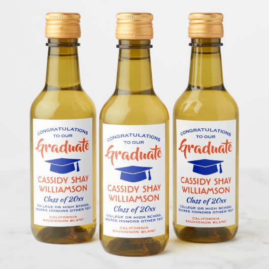 Afstuderen Congrats Modern Oranje en Blue Mini Wijn Etiket (Flessen)