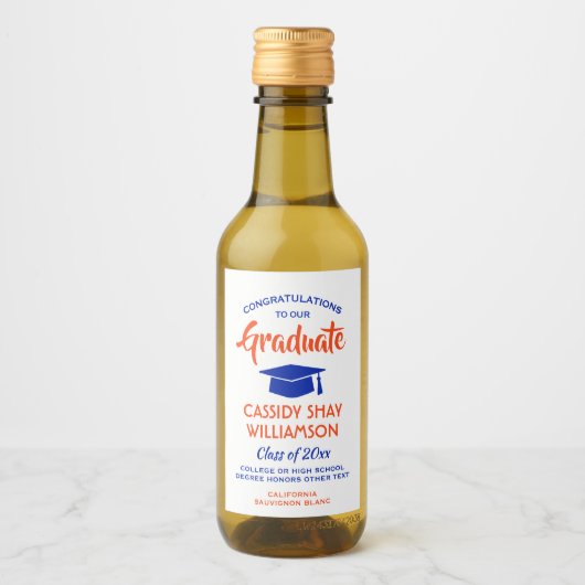 Afstuderen Congrats Modern Oranje en Blue Mini Wijn Etiket (Voorkant)