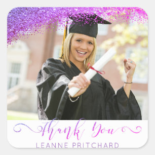 Afstuderen Dank u Paarse Glitter Script Foto Vierkante Sticker