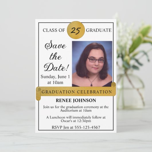 Afstuderen De uitnodiging voor de datumfoto opslaa (Staand voorkant)