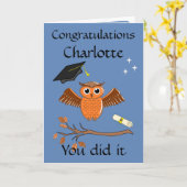 Afstuderen, Diploma Gefeliciteerd Uil Kaart (Gele Bloem)