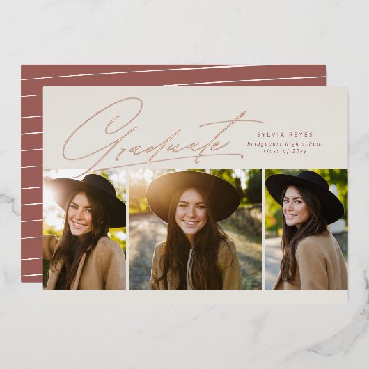 Afstuderen drie foto's met eenvoudig roos afstuder folie uitnodiging (Voorkant / Achterkant)