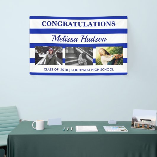 Afstuderen Drie van strepen het Marineblauwe Wit Spandoek (Beurs)