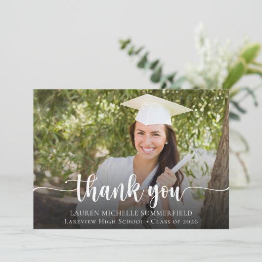 Afstuderen Elegant Script-foto Bedankkaart (Staand voorkant)