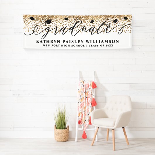 Afstuderen Elegant Script Gold Confetti Afstuderen Spandoek (Insitu)