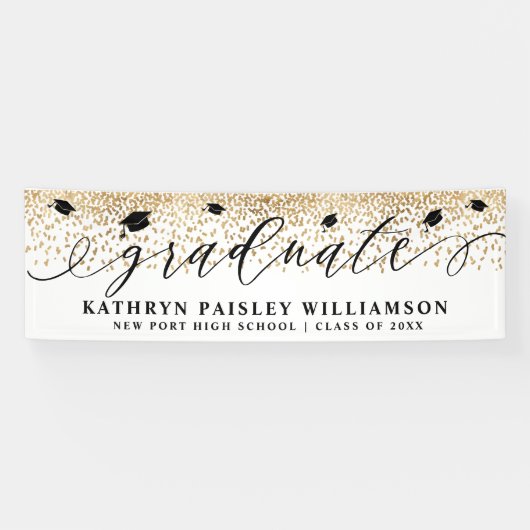 Afstuderen Elegant Script Gold Confetti Afstuderen Spandoek (Horizontaal)