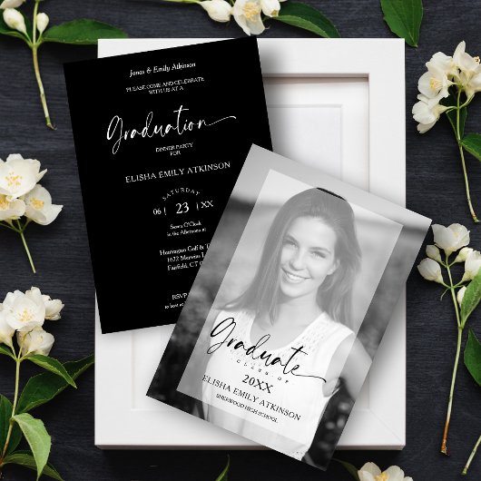 Afstuderen Elegant Vellum Effect Black & White Fot Kaart