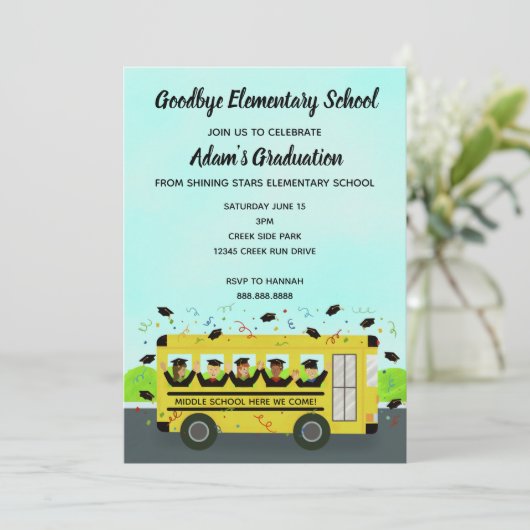 Afstuderen elementaire schoolbus kaart (Staand voorkant)