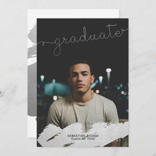 Afstuderen Faux Silver Moderne Persoonlijk Aankondiging (Voorkant / Achterkant)