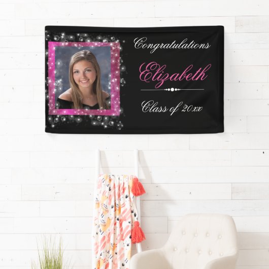 Afstuderen, faux sprankelende glitter, roze spandoek (Insitu)