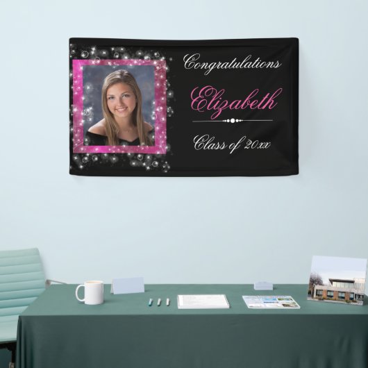 Afstuderen, faux sprankelende glitter, roze spandoek (Beurs)