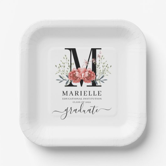 Afstuderen Floral Monogram Logo Papieren Bordje (Voorkant)