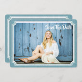 Afstuderen Foto Blauw opslaan Datum Save The Date (Voorkant / Achterkant)