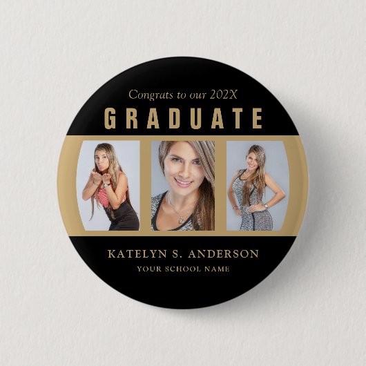 Afstuderen Foto Collage Black en Gold Custom Ronde Button 5,7 Cm (Voorkant)