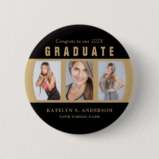 Afstuderen Foto Collage Black en Gold Custom Ronde Button 5,7 Cm