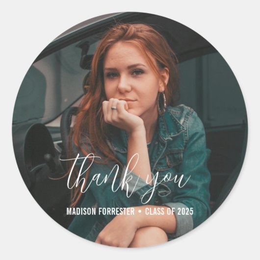 Afstuderen Foto | Elegant bedankscript Ronde Sticker (Voorkant)