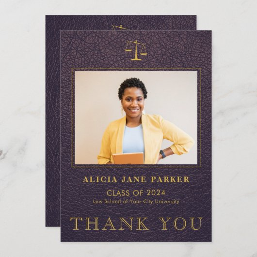 Afstuderen foto elegant paars goud bedankkaart (Voorkant / Achterkant)