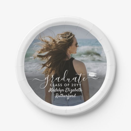 Afstuderen Foto & Elegant White Script Class Year Papieren Bordje (Voorkant)