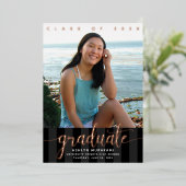 Afstuderen foto girale script zwart echt roos goud folie uitnodiging (Staand Voorkant)