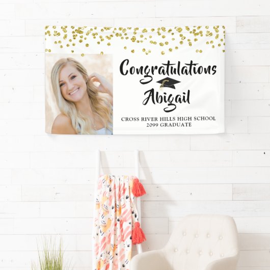 Afstuderen Foto Gouden Confetti Brush Script Spandoek (Insitu)