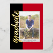 Afstuderen Foto met modern script, rood zwart Folie Uitnodiging (Voorkant)