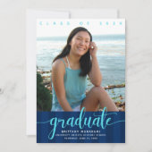 Afstuderen foto navy streept modern script girly kaart (Voorkant)