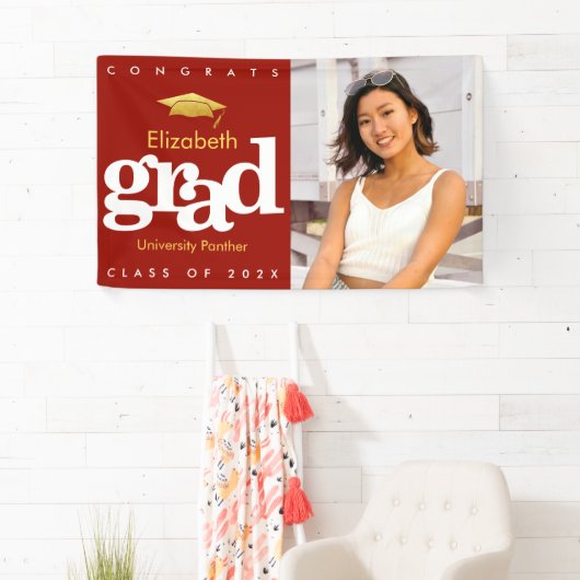 Afstuderen foto rood eenvoudig goud pet gedurfd spandoek (Insitu)