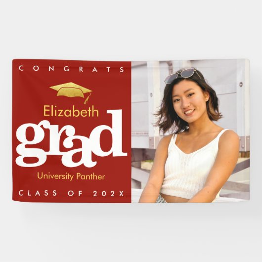 Afstuderen foto rood eenvoudig goud pet gedurfd spandoek (Horizontaal)