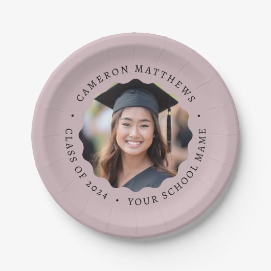 Afstuderen foto roos taupe golvende grens afstuder papieren bordje (Voorkant)