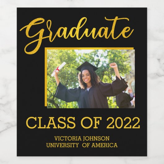 Afstuderen Fotoklasse van 22 Black Gold Glitter Wijn Etiket (Enkel label)