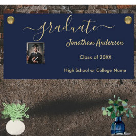 Afstuderen Fotoscript Navy Blue & Gold Spandoek