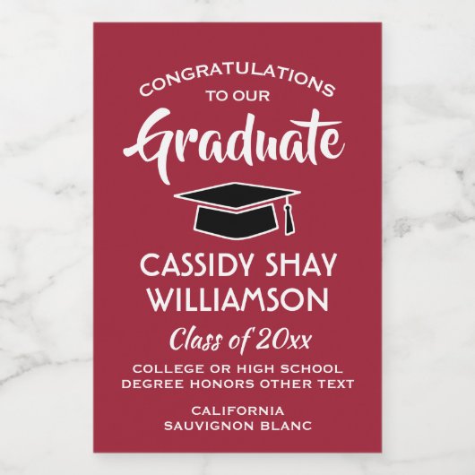 Afstuderen Gefeliciteerd Elegant Red White Mini Wijn Etiket (Enkel label)