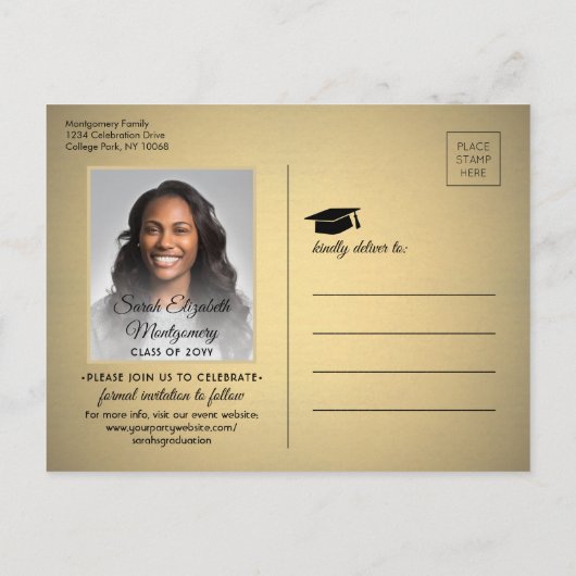 Afstuderen Gefeliciteerd Zwart & Goud Save the Dat Aankondigingskaart (Achterkant)