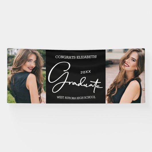 Afstuderen Gefeliciteerd Zwart Modern Foto Spandoek (Horizontaal)