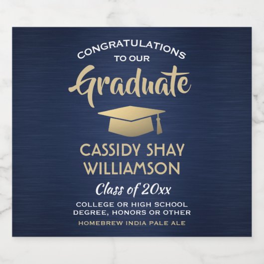 Afstuderen gegoten marinesblauw goud en wit bier etiket (Enkel label)