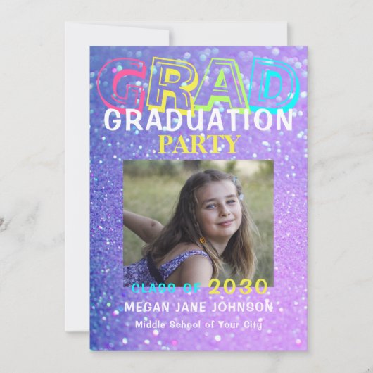 Afstuderen girly glitter foto middelbare school kaart (Voorkant)