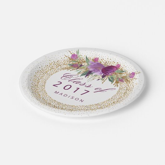 Afstuderen Glitter Waterverf Flower Gold Confetti Papieren Bordje (Gekanteld)
