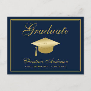 Afstuderen Gold Afstudeerder Pet & Script op Blue  Uitnodiging Briefkaart
