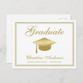 Afstuderen Gold Afstudeerder Pet & Script op White Uitnodiging Briefkaart (Voorkant / Achterkant)