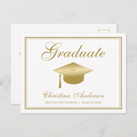 Afstuderen Gold Afstudeerder Pet & Script op White Uitnodiging Briefkaart (Voorkant / Achterkant)