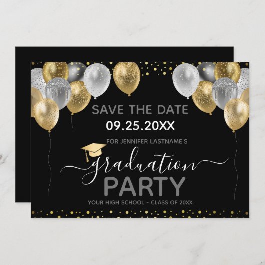 Afstuderen Gold Black Opslaan Datum uitnodiging (Voorkant / Achterkant)