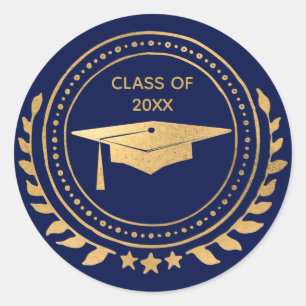 Afstuderen Gold Blue Afstudeerder Pet Klassieke kl Ronde Sticker