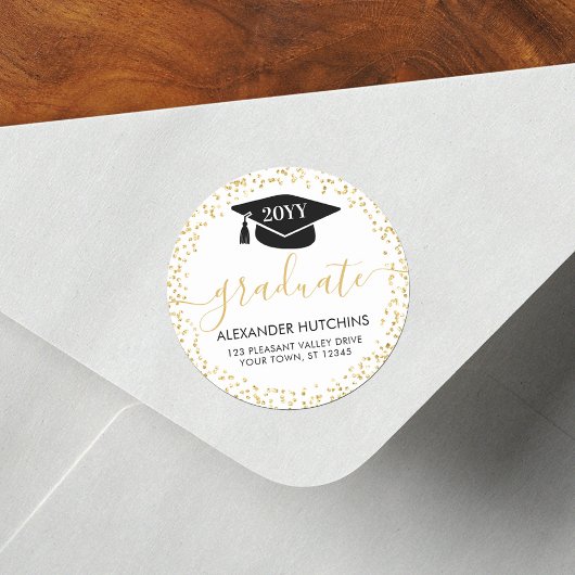 Afstuderen Gold Glitter Confetti Retouradres Ronde Sticker