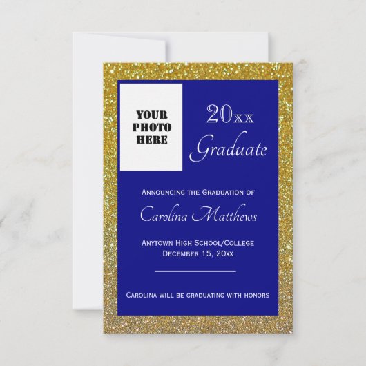 Afstuderen Gold Glitter Navy Blue Aankondiging (Voorkant)